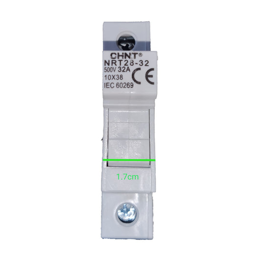 A white plastic CHNT NRT28-32 500V 32A circuit breaker with a green measurement overlay indicating a height of 1.7cm, shown on a plain white background.