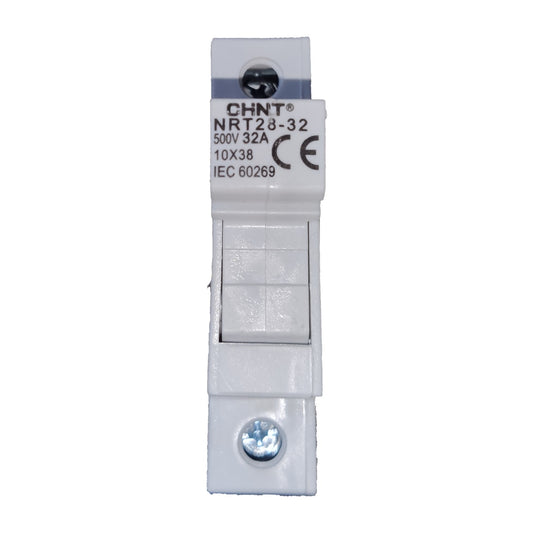 A white plastic CHNT NRT28-32 500V 32A circuit breaker with black printed text and certification logos, shown against a plain white background.