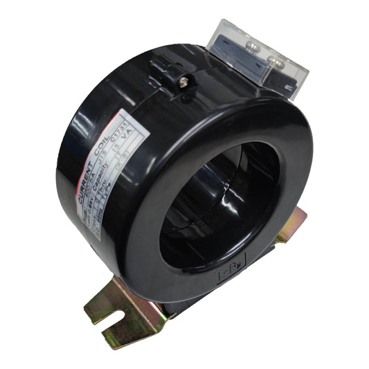 A black plastic current sensor with metal mounting brackets and a clear plastic cover, shown on a white background.