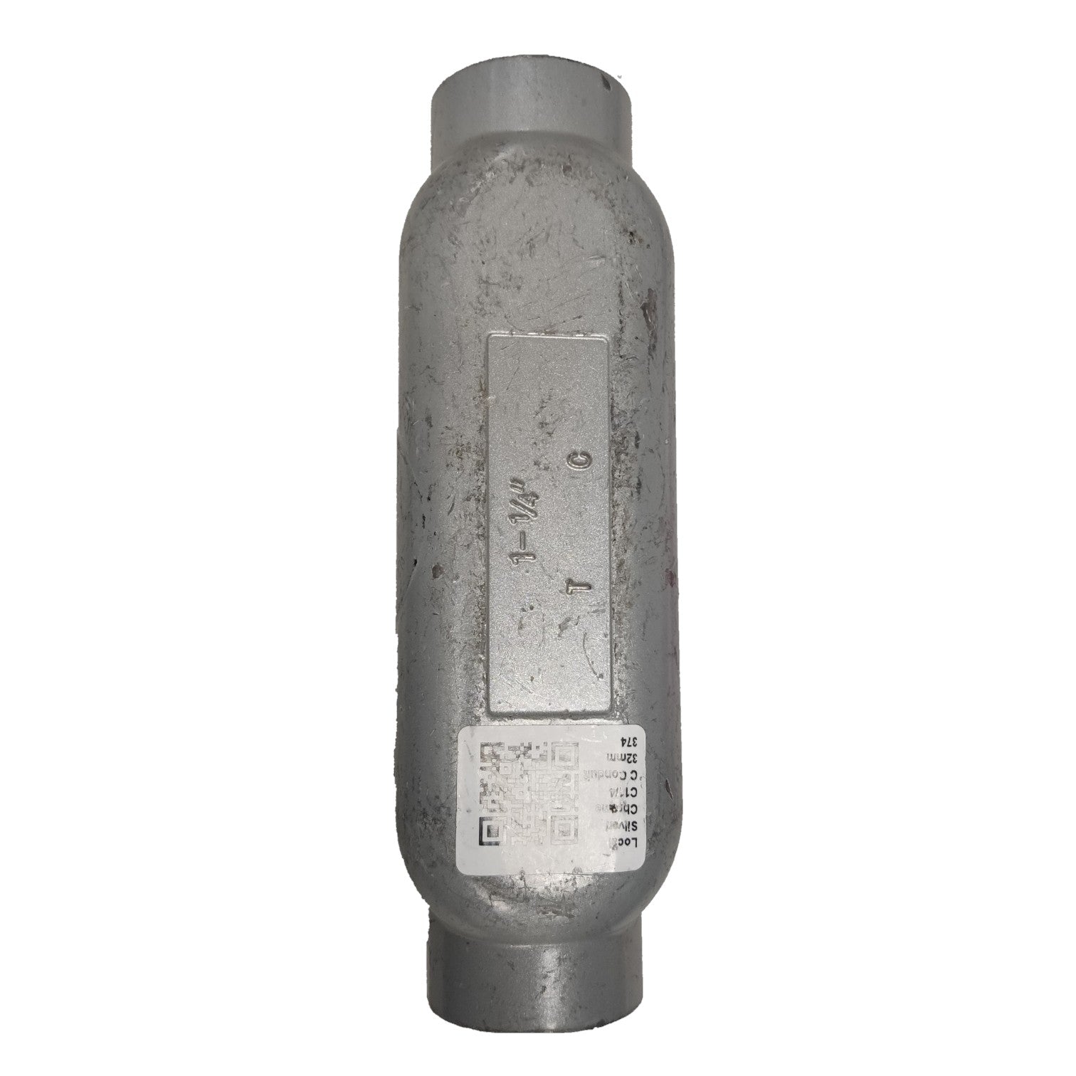 Metallic cylindrical object with text and markings on a white background