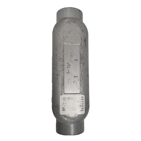 Metallic cylindrical object with text and markings on a white background