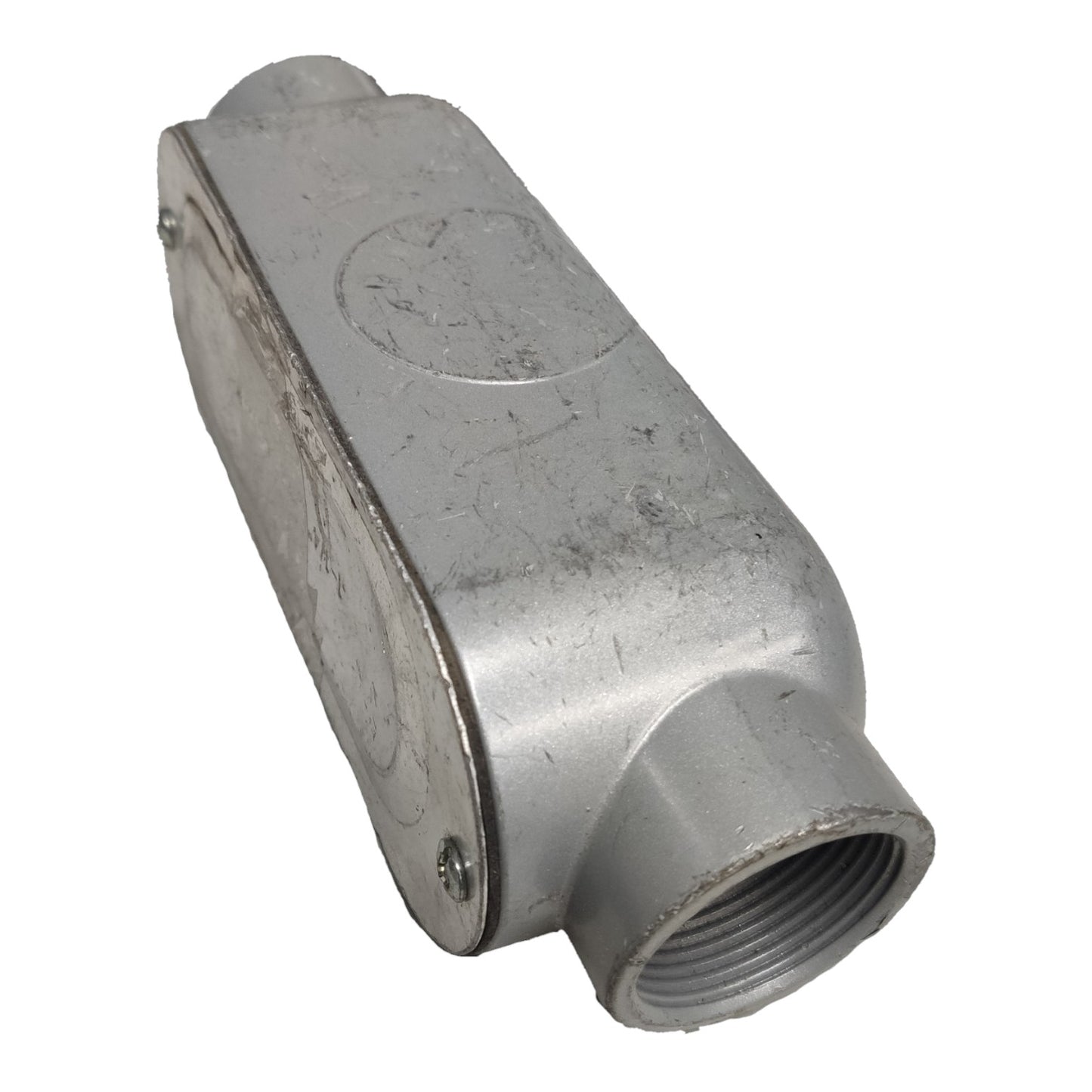 Metal pipe fitting on a white background