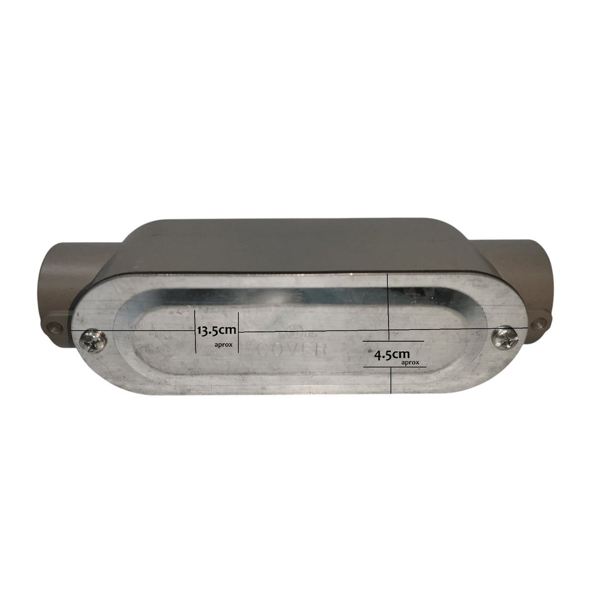 Rectangular metal light fixture with dimensions on a white background