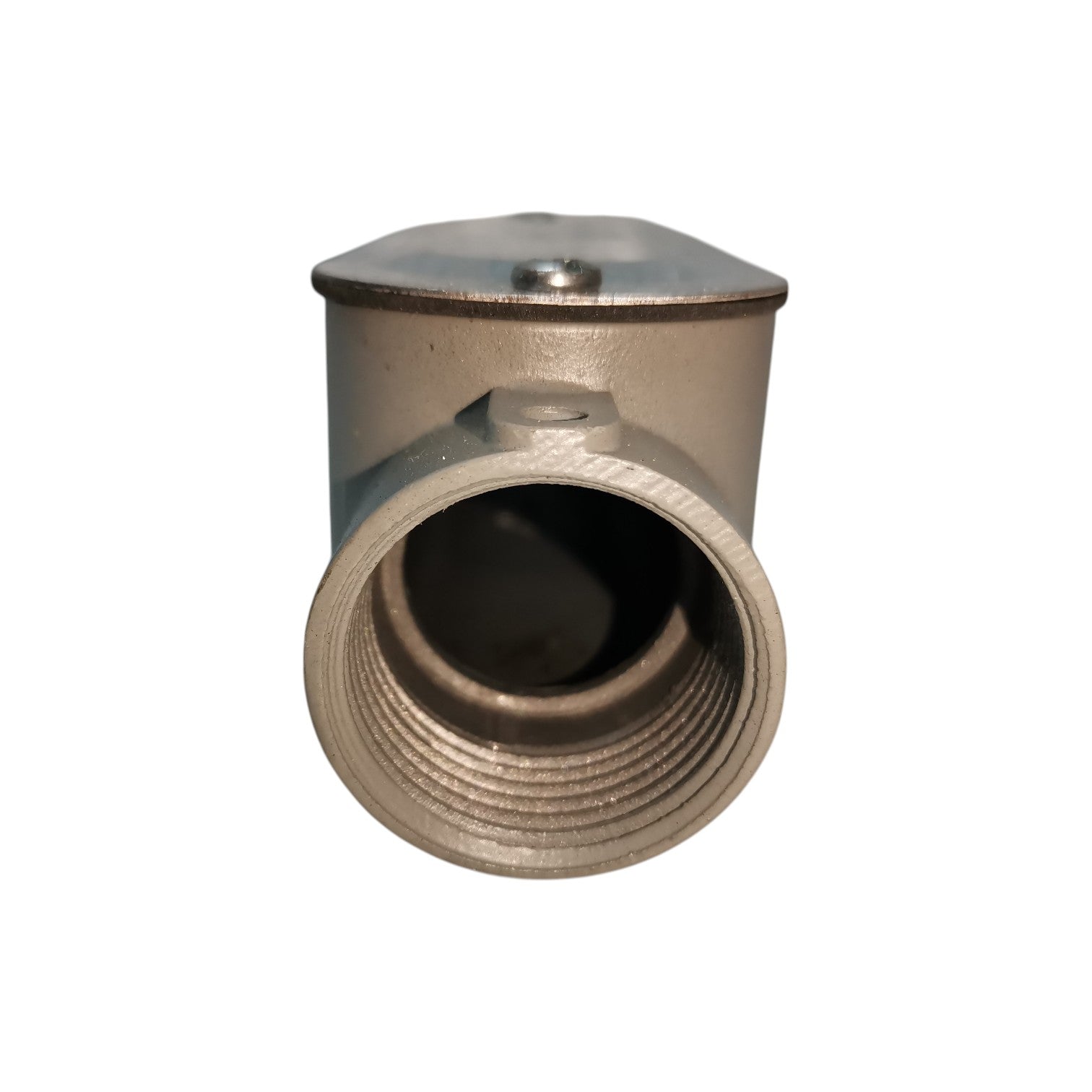 Metal fitting with threaded end on a white background