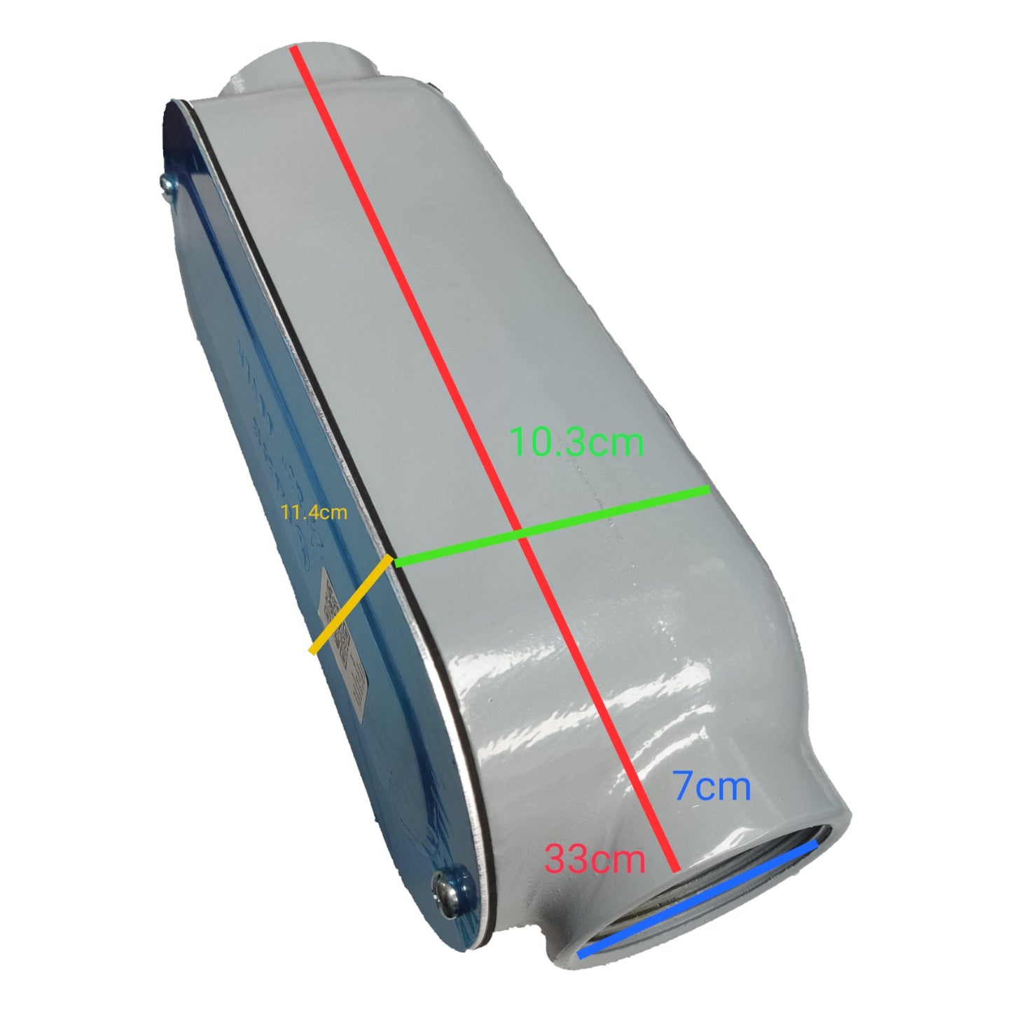 Measurement chart of a car exhaust pipe with dimensions labeled.