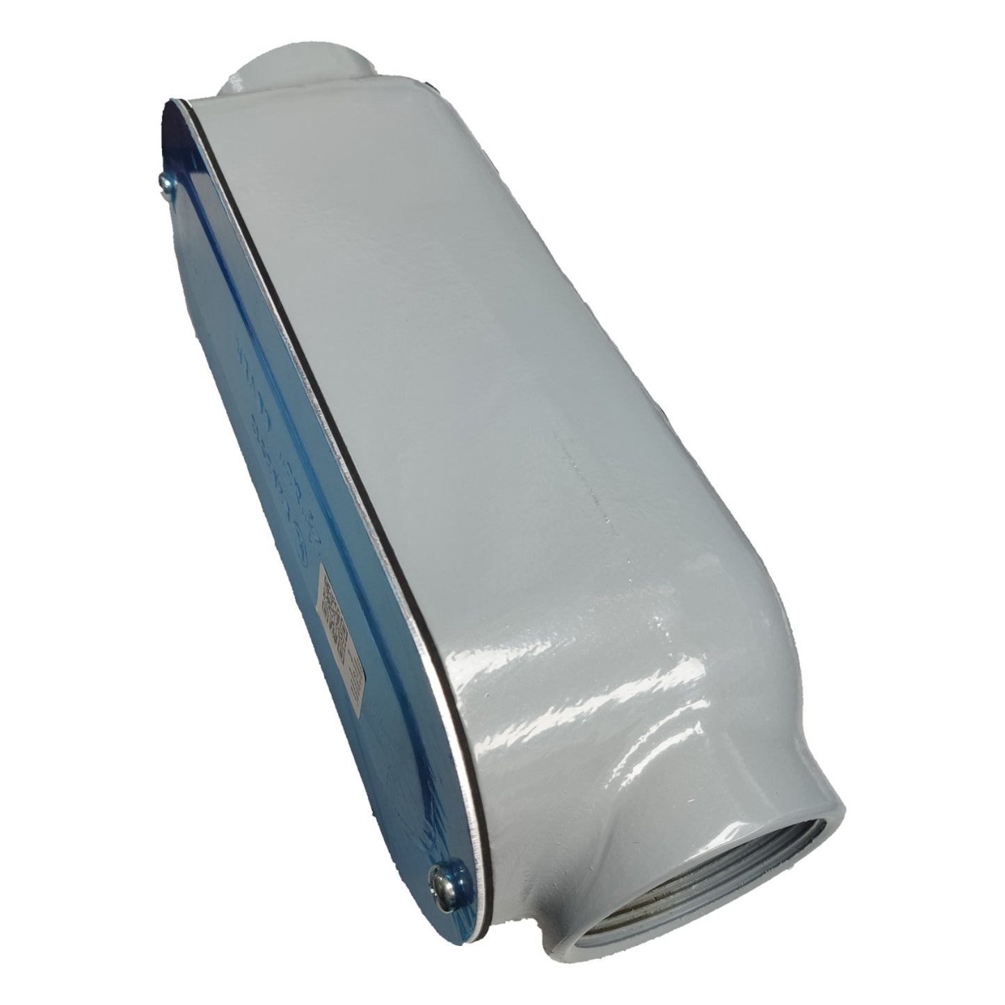 White plastic component with blue accent on a white background