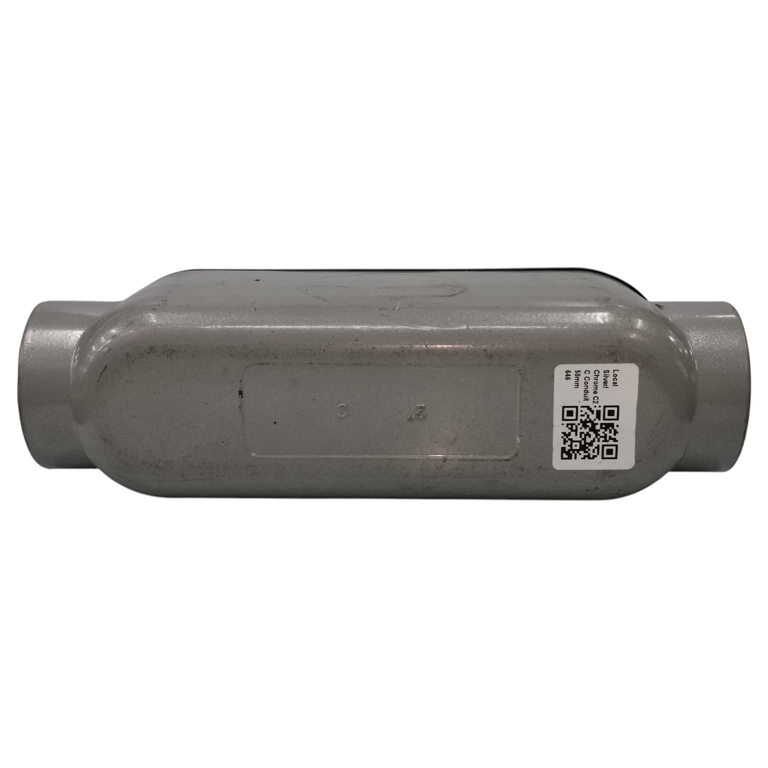Metallic exhaust muffler with a QR code label on a white background