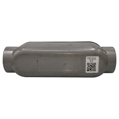 Metallic exhaust muffler with a QR code label on a white background