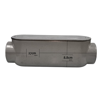 Gray pipe fitting with measurements on a white background