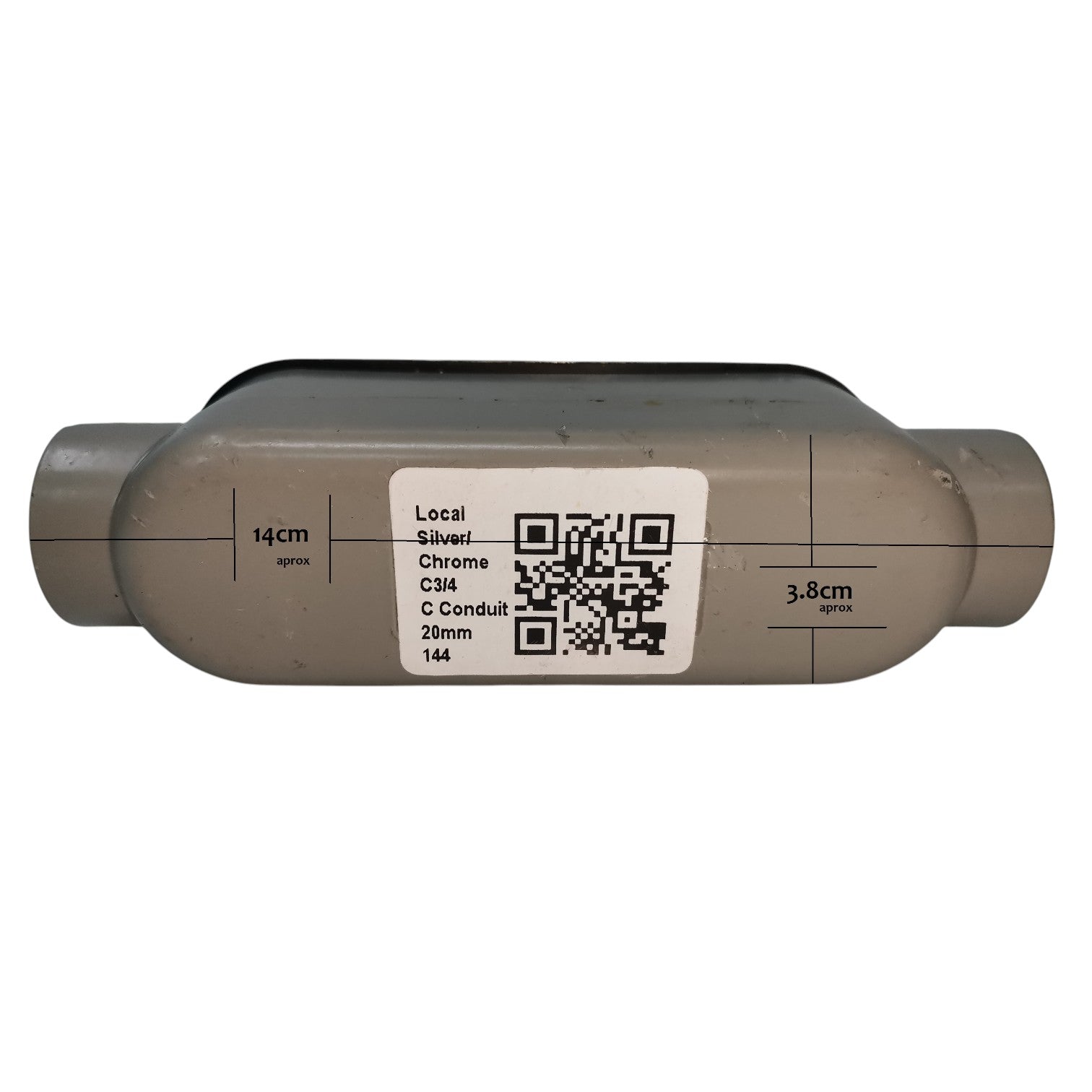 Metallic cylindrical object with a label and QR code on a white background