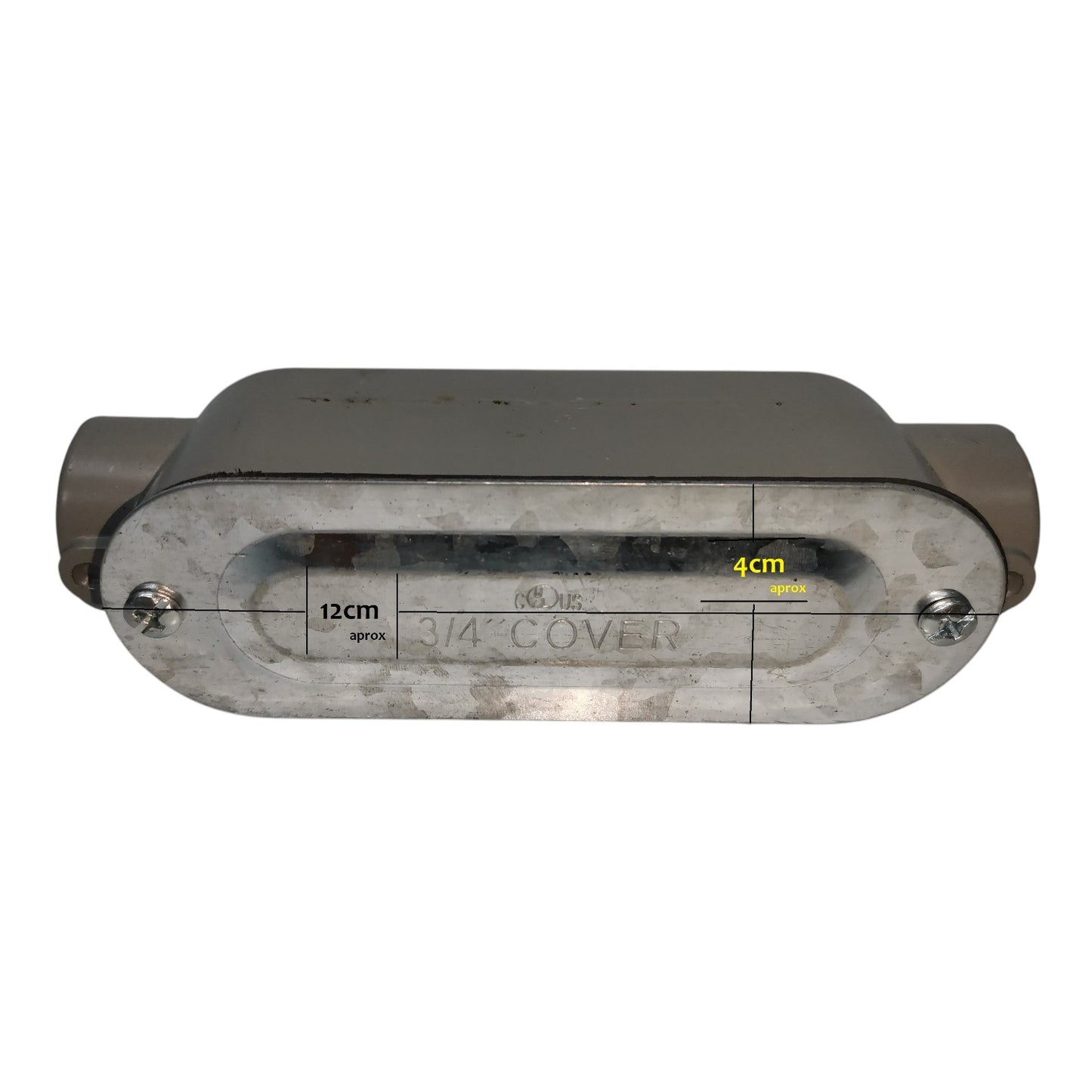 Metallic object with dimensions on a white background
