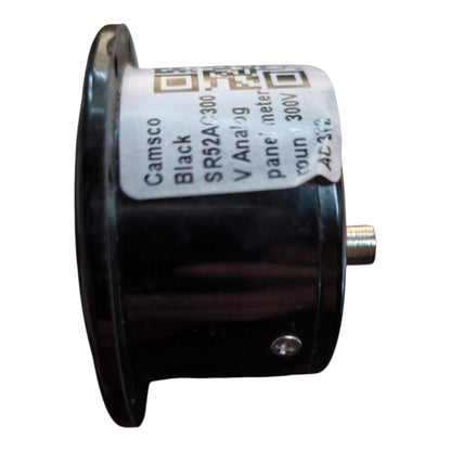 A black cylindrical analog panel meter with a white label showing the brand 'Camsco' and model 'SR52A 300'.