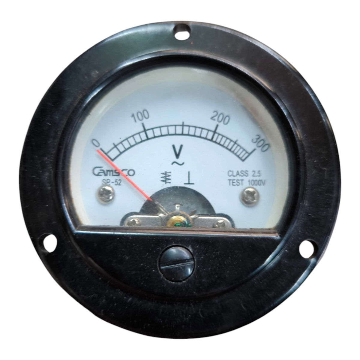A round analog electrical voltmeter gauge with a black metal housing, white dial face, red needle, and black measurement markings, shown on a plain white background.