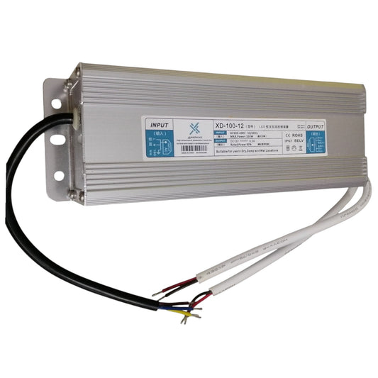 Electrical power supply unit with labeled specifications on a white background