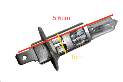China 24V 100W H1 Halogen Bulb with metal base and glass enclosure showing measurements on black background