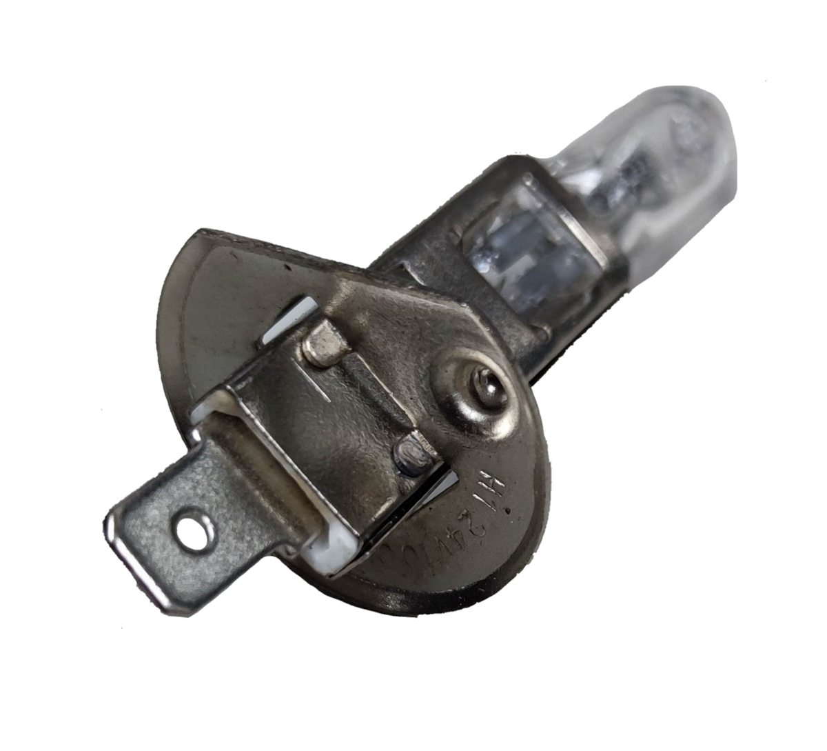 Close-up of China 24V 100W H1 Halogen Bulb with metal base and glass casing on black background