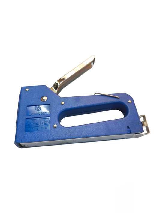 Heavy duty manual staple gun in blue with a comfortable grip for efficient stapling tasks