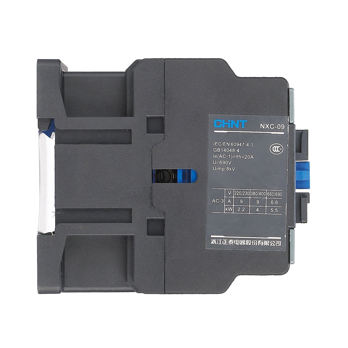 Chint 12A 3 Phase Magnetic Contactor 1NO + 1NC Available Coil Voltage 110V 220V 440V NXC-12 side view