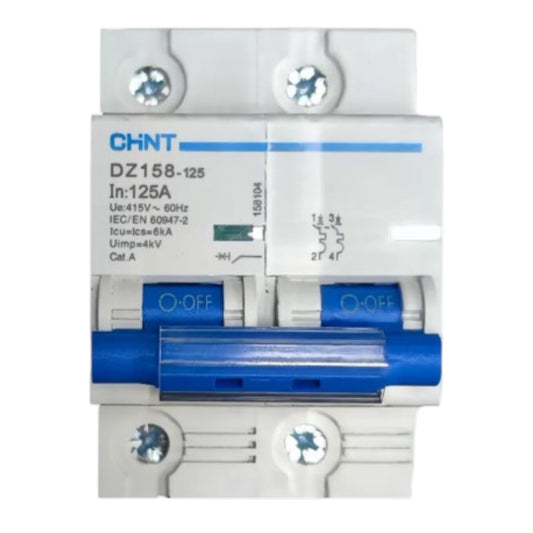 CHNT DZ158-125 125A modular circuit breaker with a blue handle and white plastic housing, shown on a plain white background.