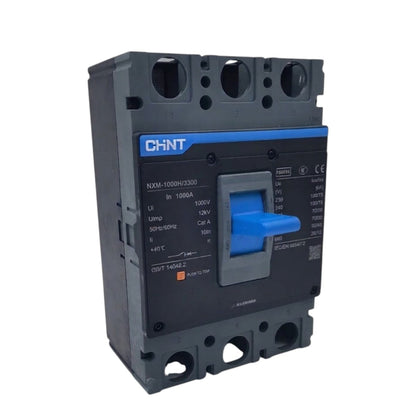 A CHINT NXM-1000H23300 circuit breaker with a dark gray plastic housing and a blue handle, shown on a plain white background.