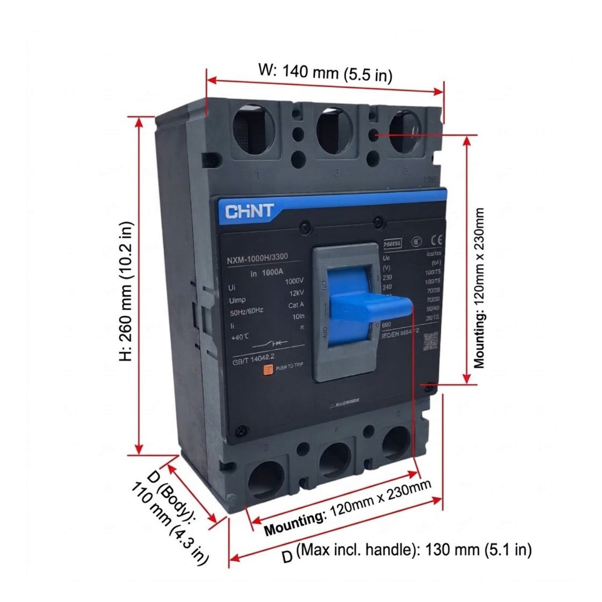 A CHNT circuit breaker with overlaid red dimension lines and text showing measurements for width, height, depth, and mounting dimensions on a white background.