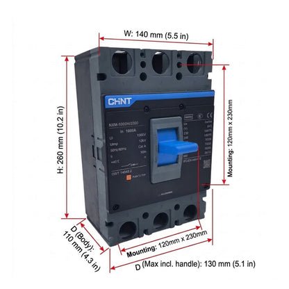 A CHNT circuit breaker with overlaid red dimension lines and text showing measurements for width, height, depth, and mounting dimensions on a white background.