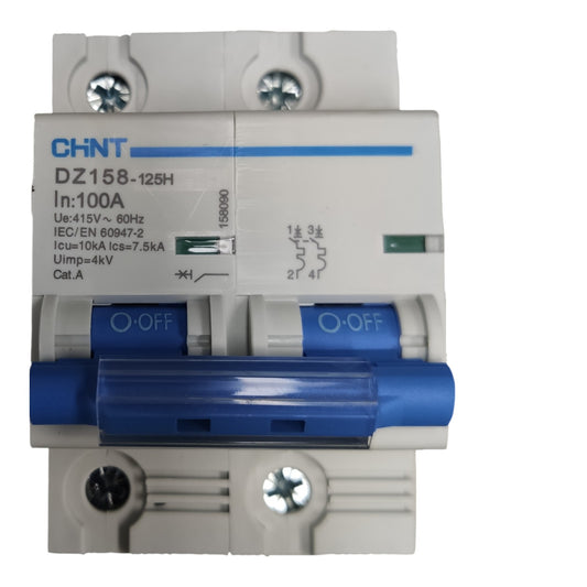 CHNT DZ158-125H miniature circuit breaker with a white plastic housing and blue accents, including the handle and printed specifications on the front.