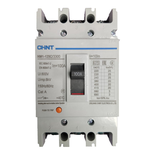 CHNT NM1-125C/3300 circuit breaker with a gray plastic housing, black central switch, and blue printed specifications on the front panel.