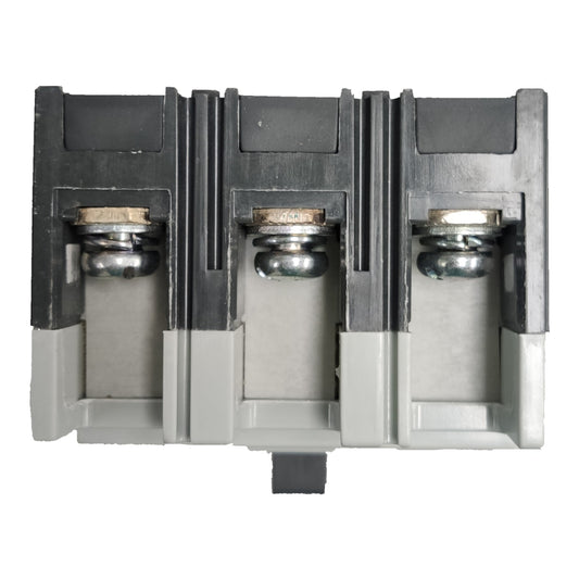 A three-terminal electrical terminal block connector with black and gray plastic housing and silver metal contacts, shown on a plain white background.
