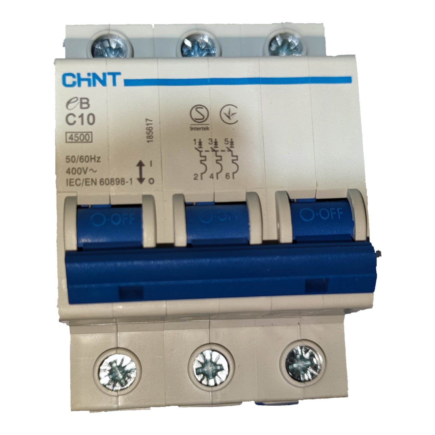 A CHNT CB C10 4500 three-way circuit breaker with a blue and white plastic housing, shown on a plain white background.