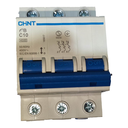 A CHNT CB C10 4500 three-way circuit breaker with a blue and white plastic housing, shown on a plain white background.