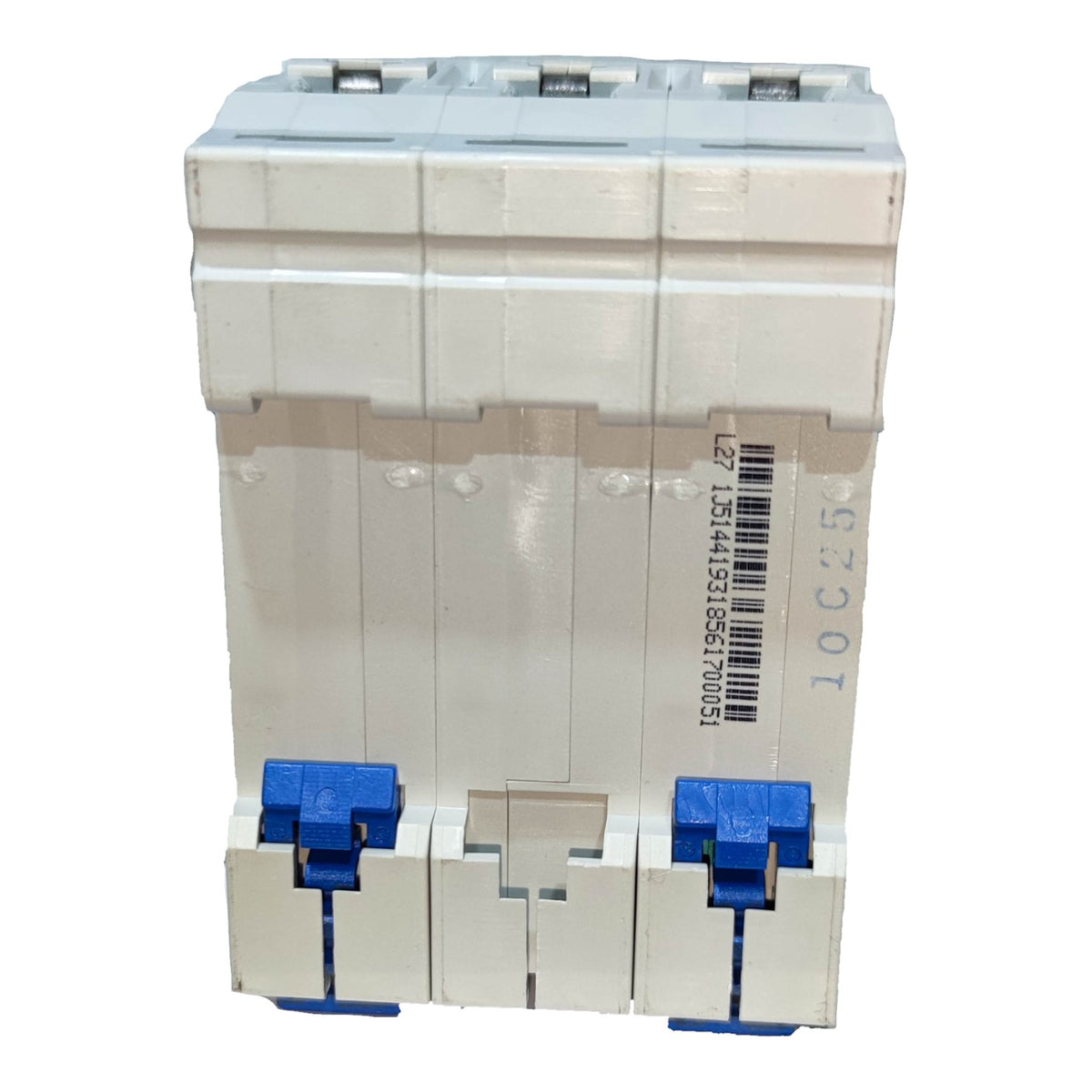 A three-pole circuit breaker with a white plastic housing and blue lever switches on the front, shown against a plain white background.