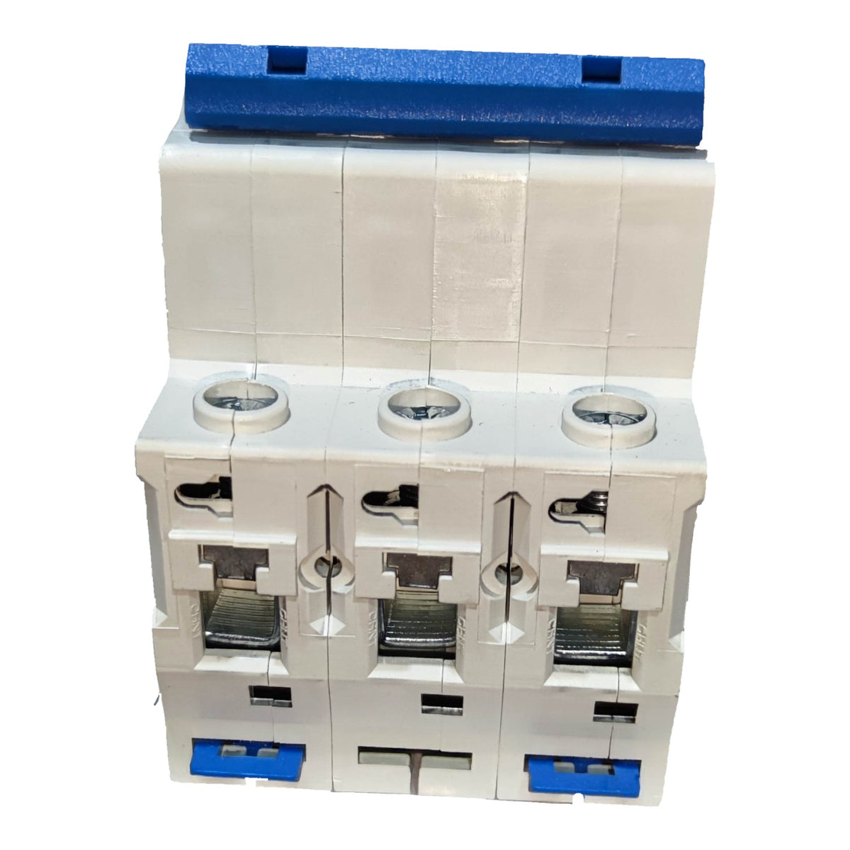 A three-way modular electrical circuit breaker with a white plastic main body, blue top handle, and blue bottom terminal covers, shown on a plain white background.