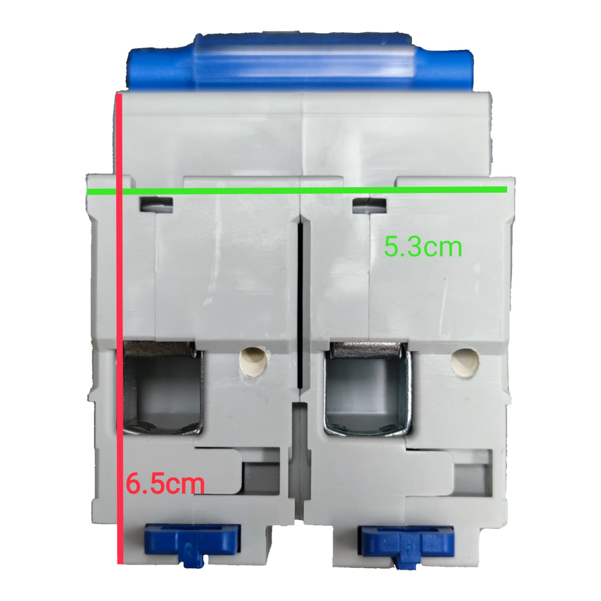 A white and blue dual-pole circuit breaker shown from the front with overlaid dimension lines and text indicating 6.5cm height, 5.