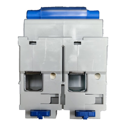 A double-pole circuit breaker with a white plastic housing and blue plastic top and bottom handles, shown against a plain white background.