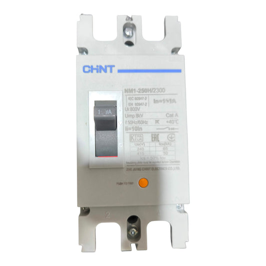 A CHNT NM1-280H2300 electrical circuit breaker with a front switch, technical specifications printed on the front, and a small orange indicator light, shown against a plain white background.