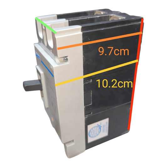 A black and gray electrical component with overlaid dimension lines showing 9.7cm and 10.