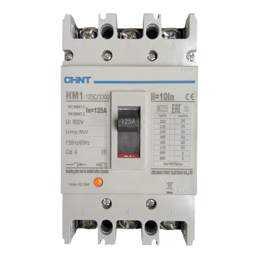 CHINT NM1-125C/2300 contactor relay with a 125A main switch, featuring terminal blocks, technical specifications, and an orange trip push-button on a white background.