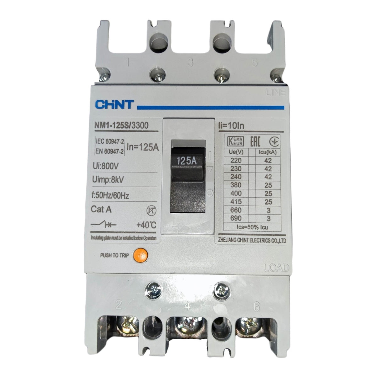 A CHINT NM1-125S/3300 electrical contactor with a 125A main switch, featuring a white plastic housing, gray metal terminals, and blue printed text and diagrams on the front face.