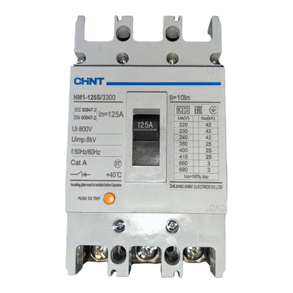 A CHINT NM1-125S/3300 electrical contactor with a 125A main switch, featuring a white plastic housing, gray metal terminals, and blue printed text and diagrams on the front face.