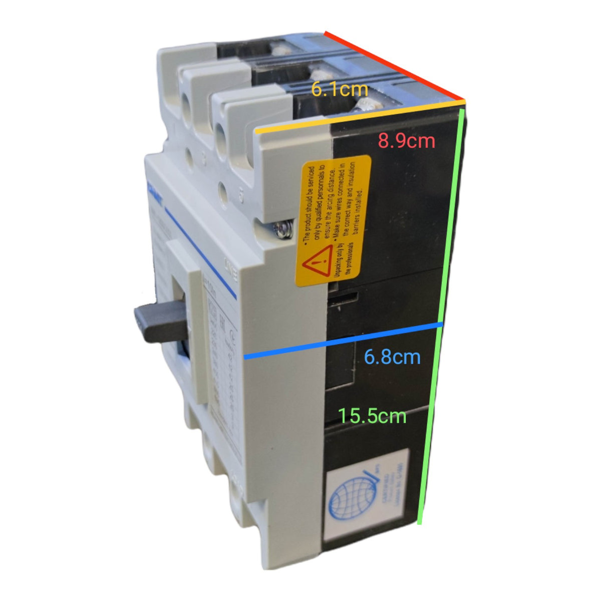 A molded electrical circuit breaker shown on a plain white background with overlaid dimension labels in centimeters indicating its height, width, and depth.