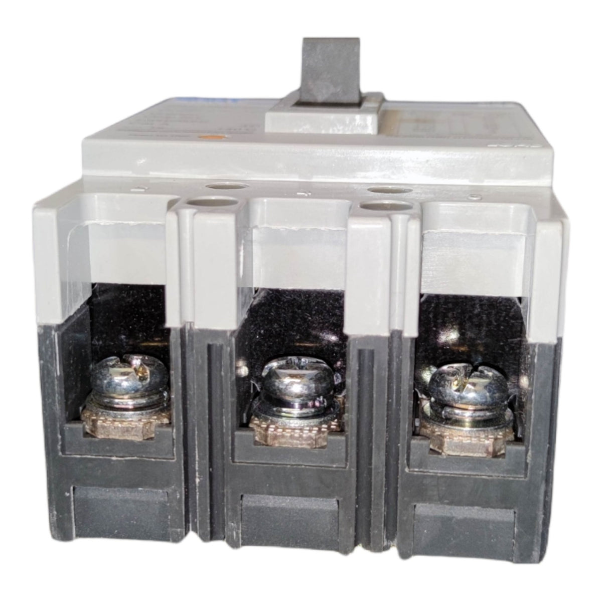 A three-pole electrical circuit breaker with a gray top housing and black lower housing, showing three metal terminal connections, isolated on a white background.