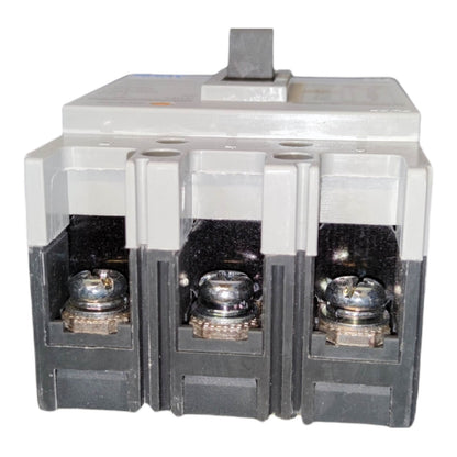 A three-pole electrical circuit breaker with a gray top housing and black lower housing, showing three metal terminal connections, isolated on a white background.