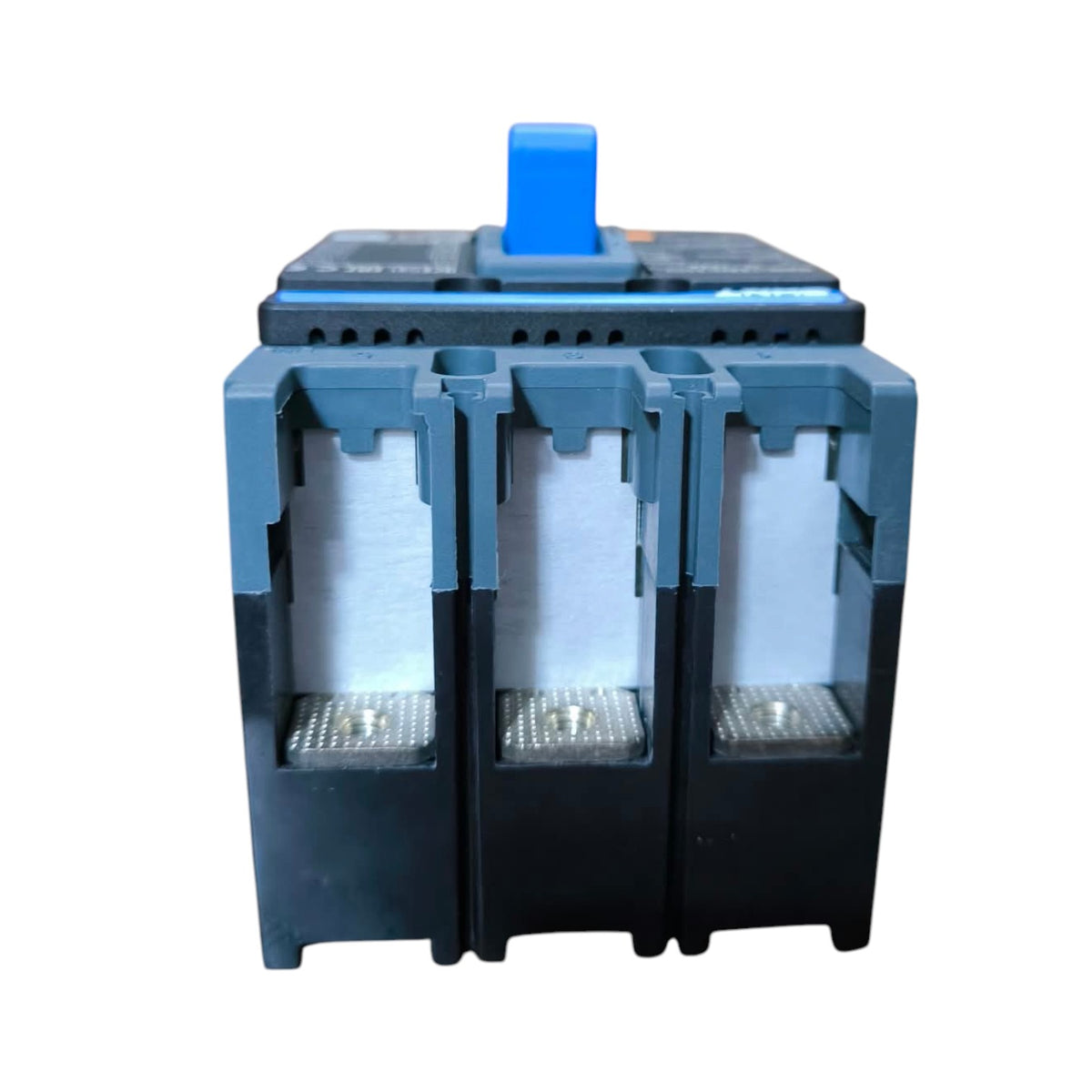 A three-pole electrical contactor or relay module with a blue top handle, dark gray plastic housing, and silver metal contact plates, shown on a plain white background.