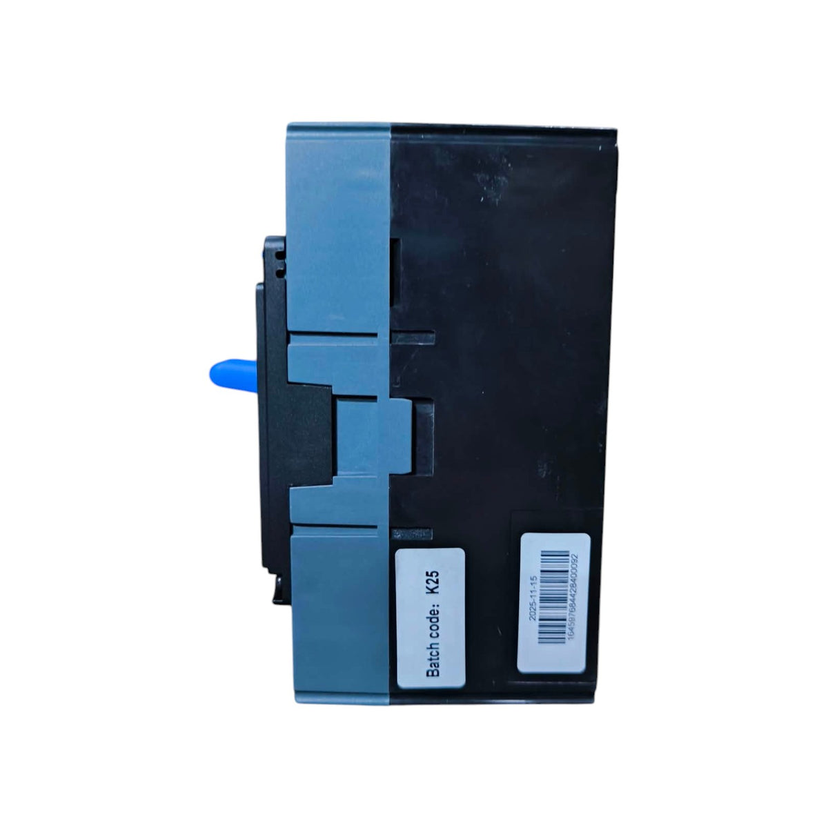 A black and gray plastic industrial component with a blue lever and white labels, shown on a plain white background.