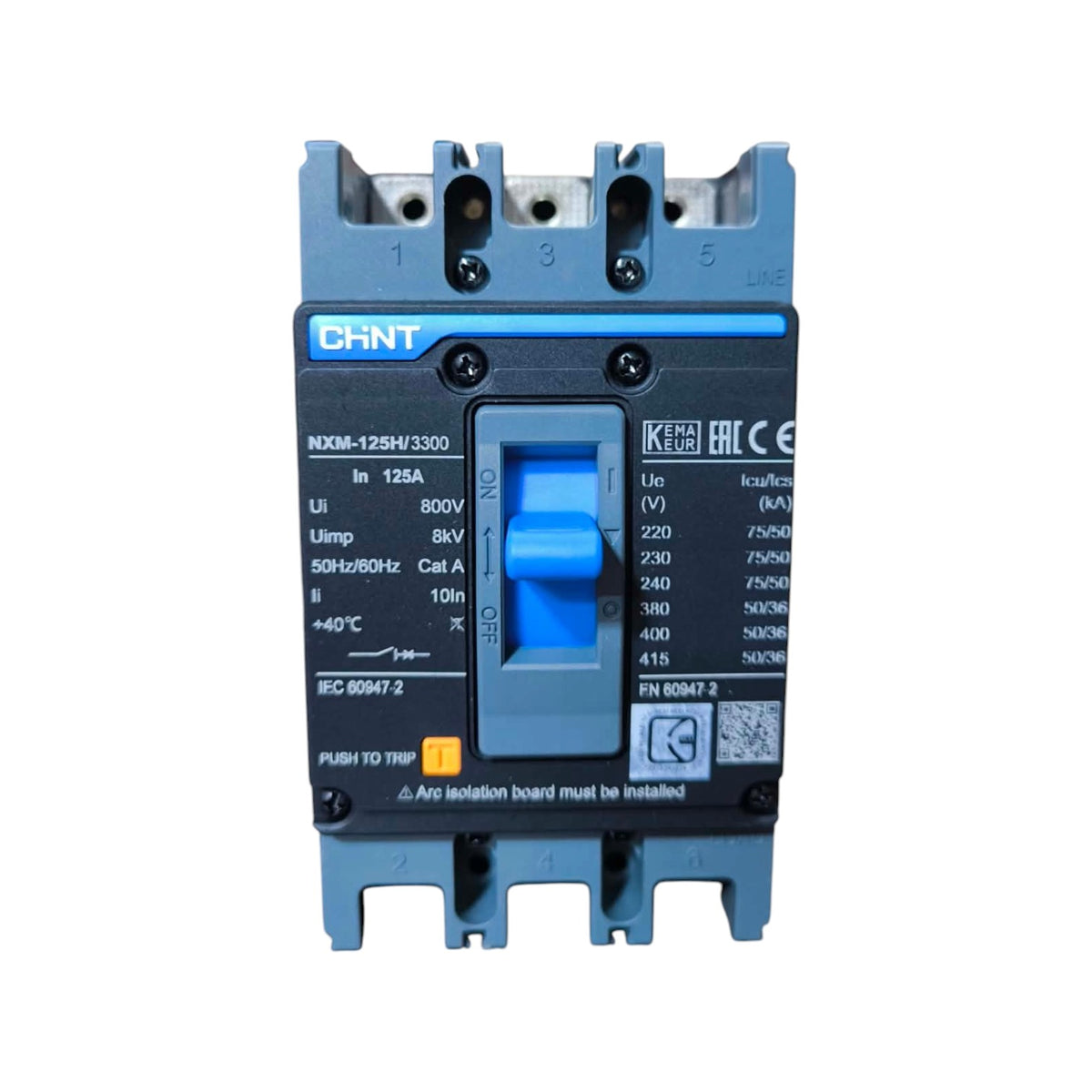 A blue and black CHNT NX0M-125H 3300 electrical contactor on a solid white background.