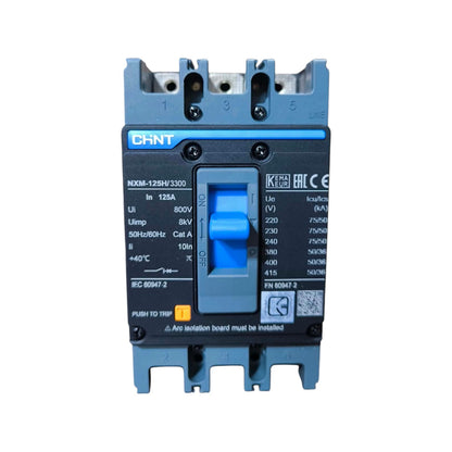 A blue and black CHNT NX0M-125H 3300 electrical contactor on a solid white background.