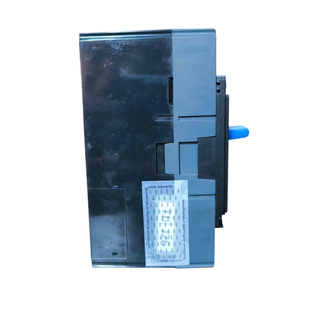 A black plastic electrical contactor or relay component with a blue handle and a white sticker, shown against a plain white background.