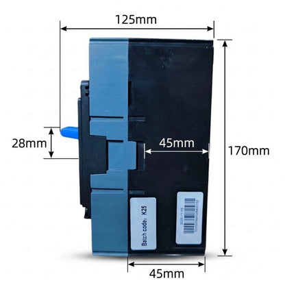 A black and blue electrical switch component with dimension annotations showing 125mm width, 170mm height, 45mm depth, and a 28mm side protrusion on a white background.