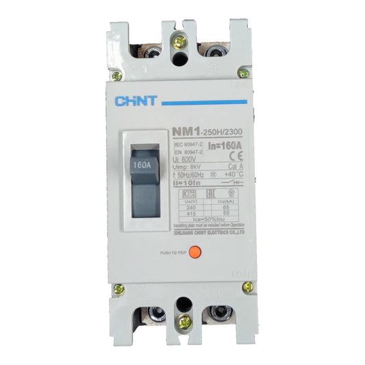 A CHNT NM1 160A electrical circuit breaker with a front-mounted switch, technical specifications printed on the face, and a small orange reset button, shown against a plain white background.